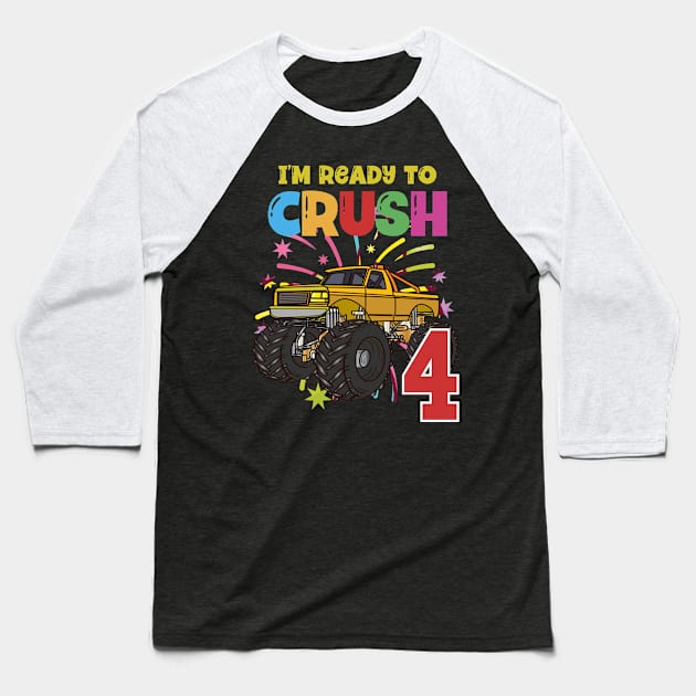 Yellow monster trucks are my jam 4th birthday ready to crush party Baseball T-Shirt by teeshirtmarket